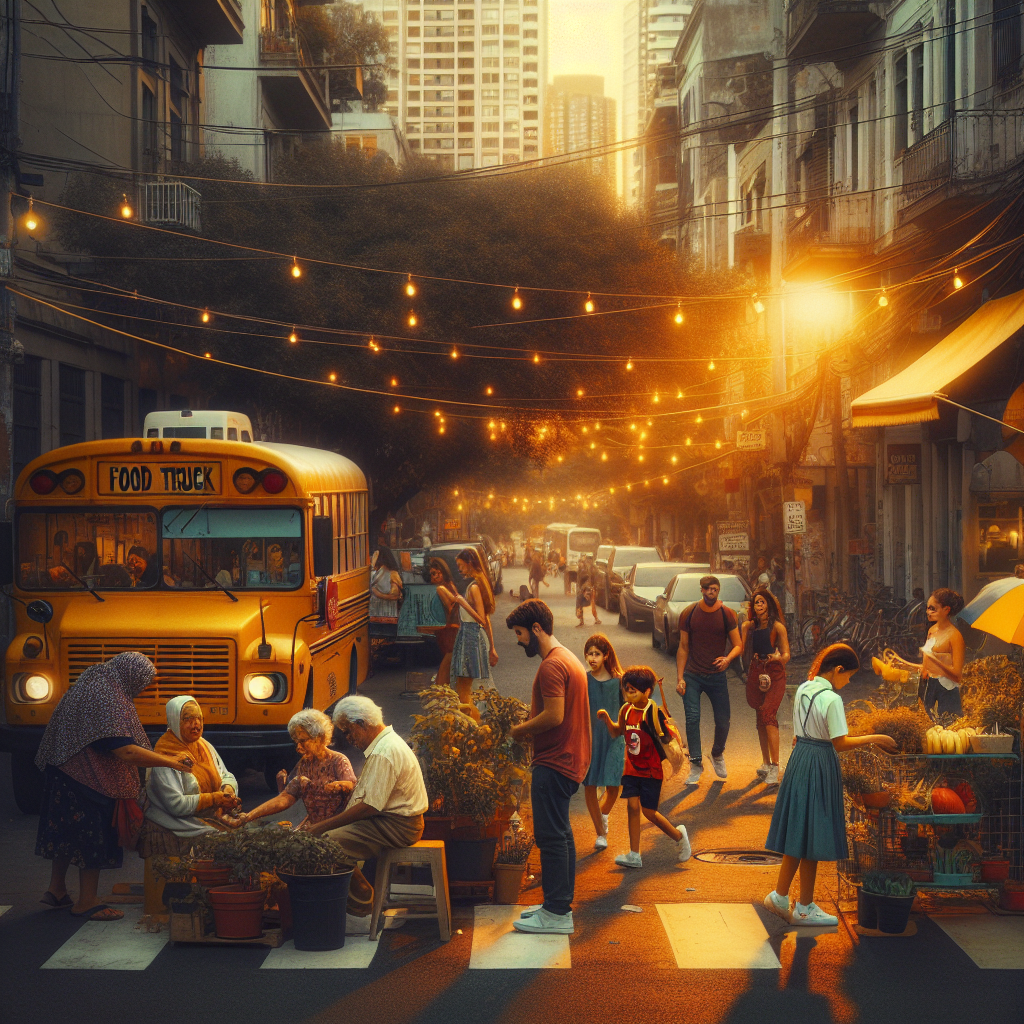 Bustling city corner at sunset where people of all ages chat, play, and relax, showing how shared streets foster community.