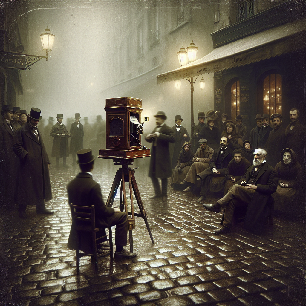 Street portrait session with a box camera pointed at a shoeshine boy—early photography documenting ordinary lives