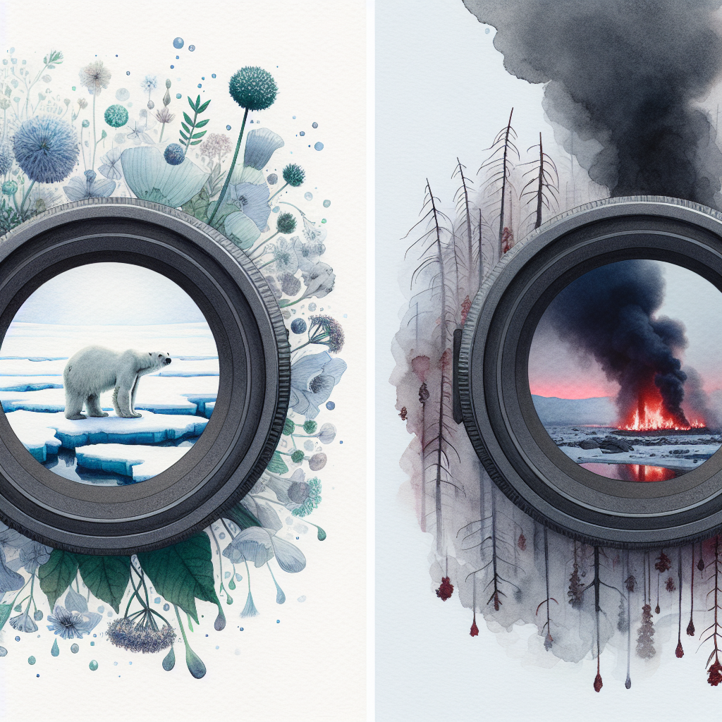 Split view of a melting polar bear and a child in wildfire smoke, showing different emotional frames of climate change.
