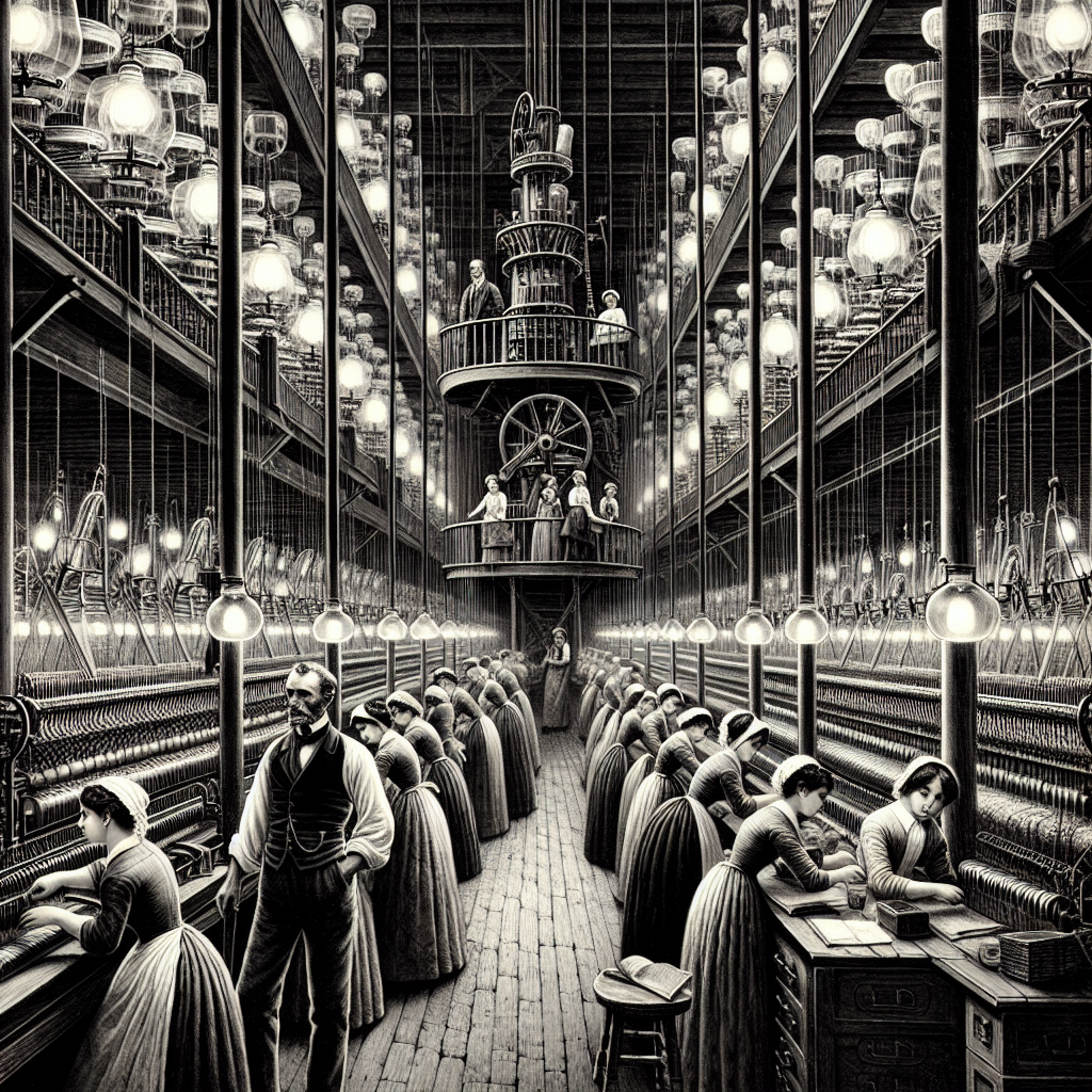 Busy 19th-century textile mill floor with rows of spinning mules and an overseer watching workers.