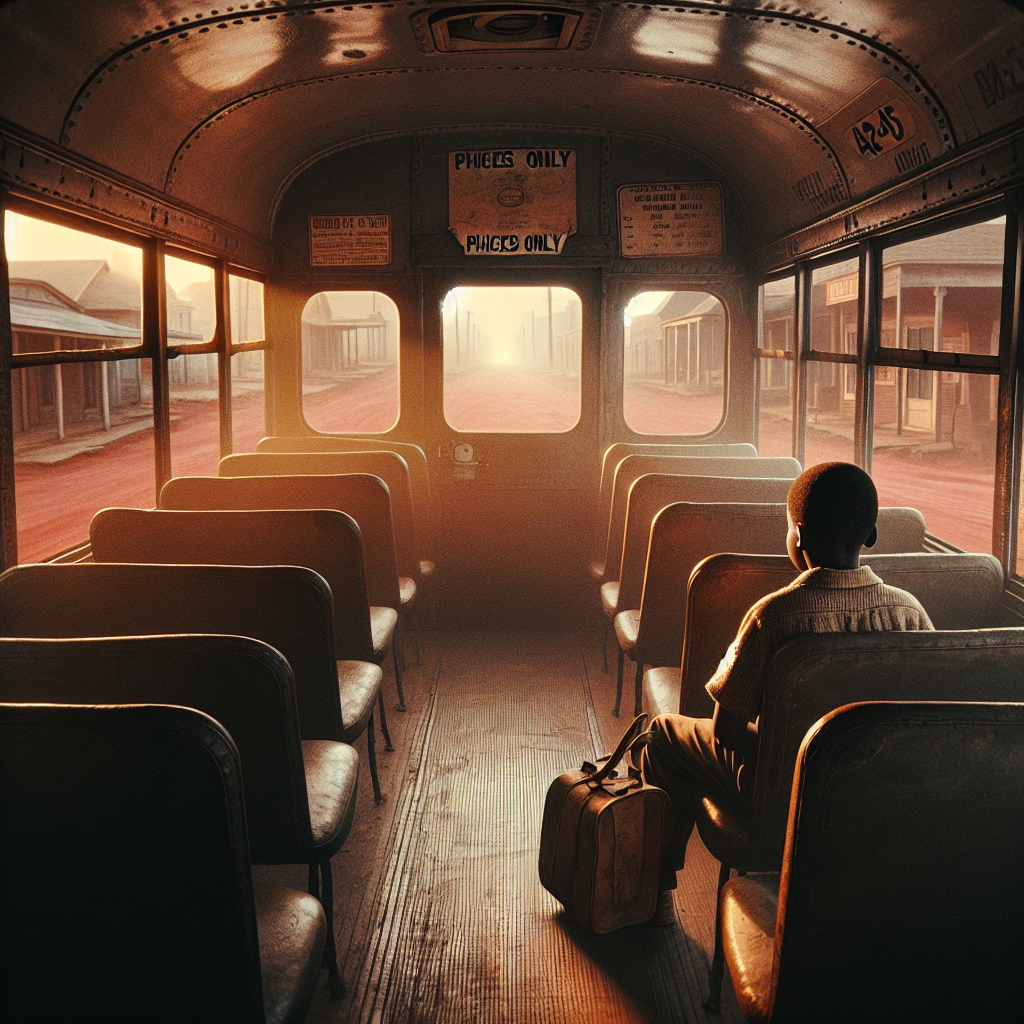 Warm dawn light reveals a Black child sitting alone at the back of a 1940s Southern bus under a “Whites Only” sign, illustrating everyday segregation.