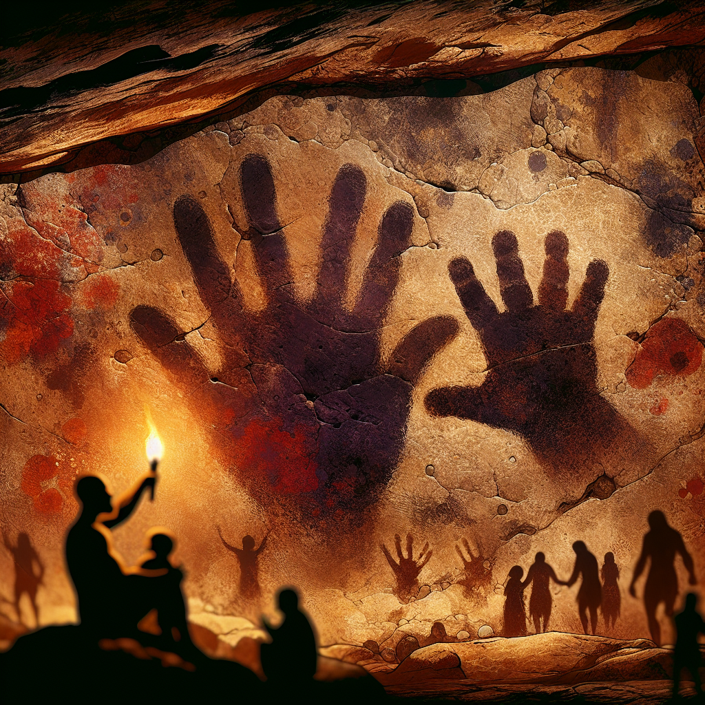 Dark hand silhouettes of adults and children pressed on a cave wall amid ochre smudges