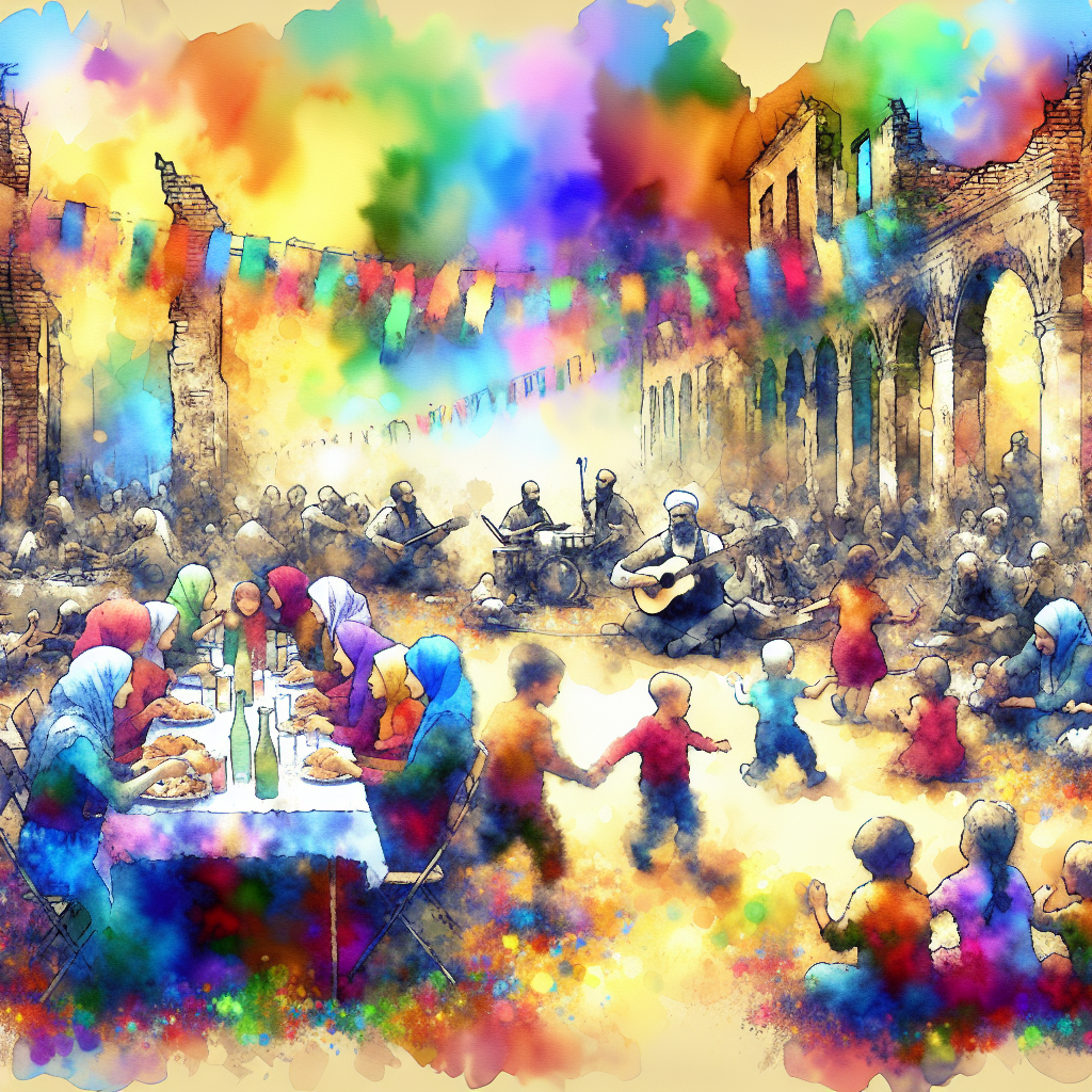 Children play while musicians perform in a ruined town square, bright colors symbolizing life returning.