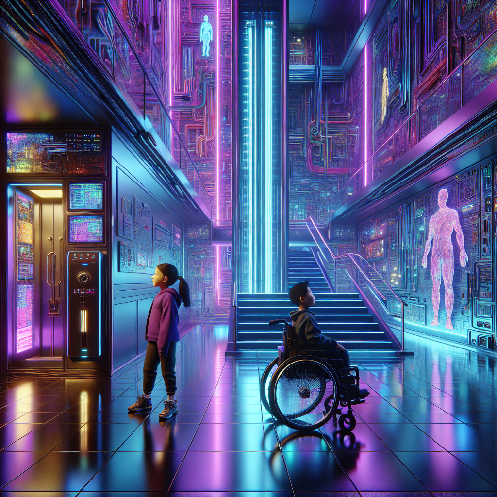 Two children—one in a wheelchair—face an elevator beside stairs in a neon-lit future classroom, highlighting accessible design.