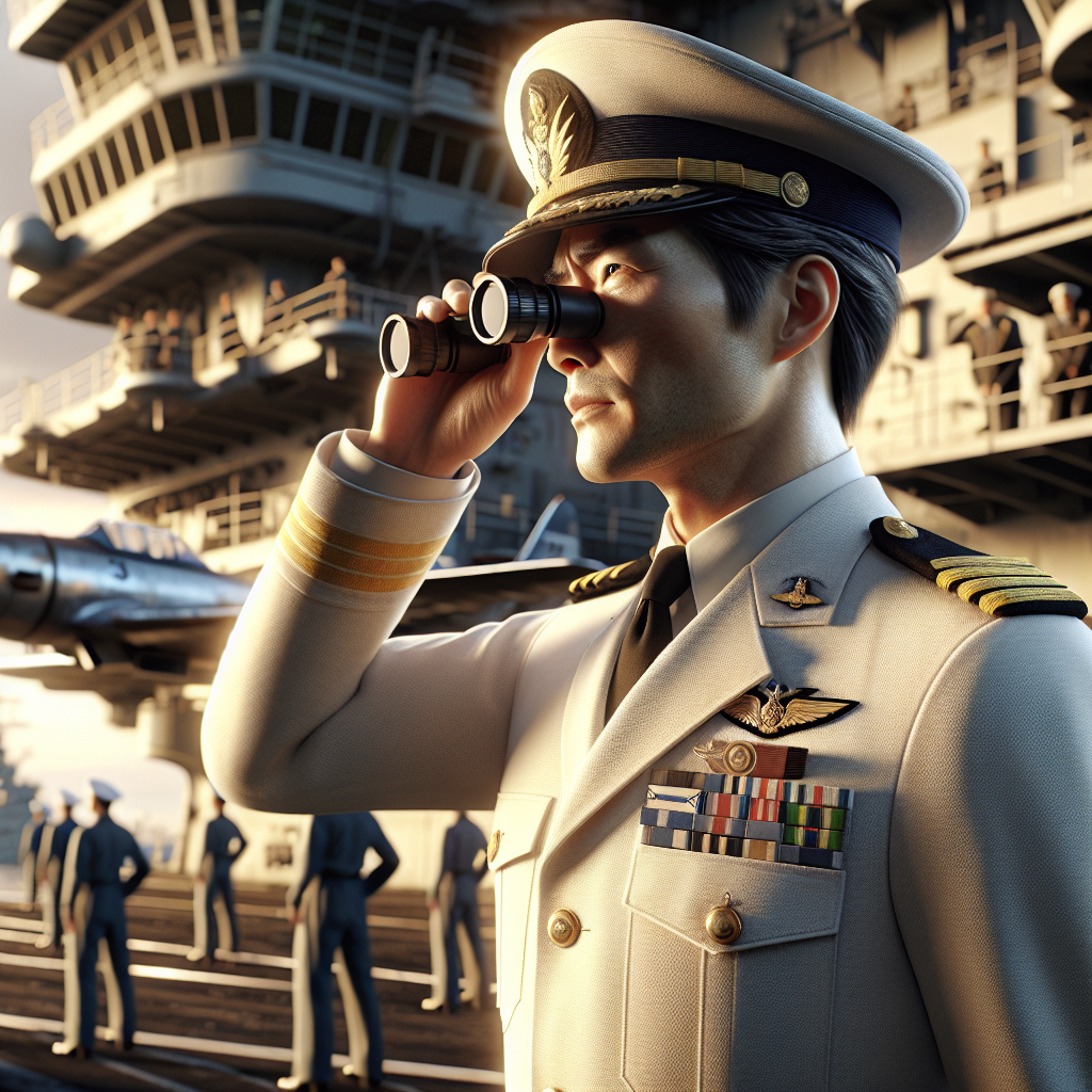 Admiral Yamamoto on carrier deck at sunrise, binoculars raised while bombers lift off behind him.