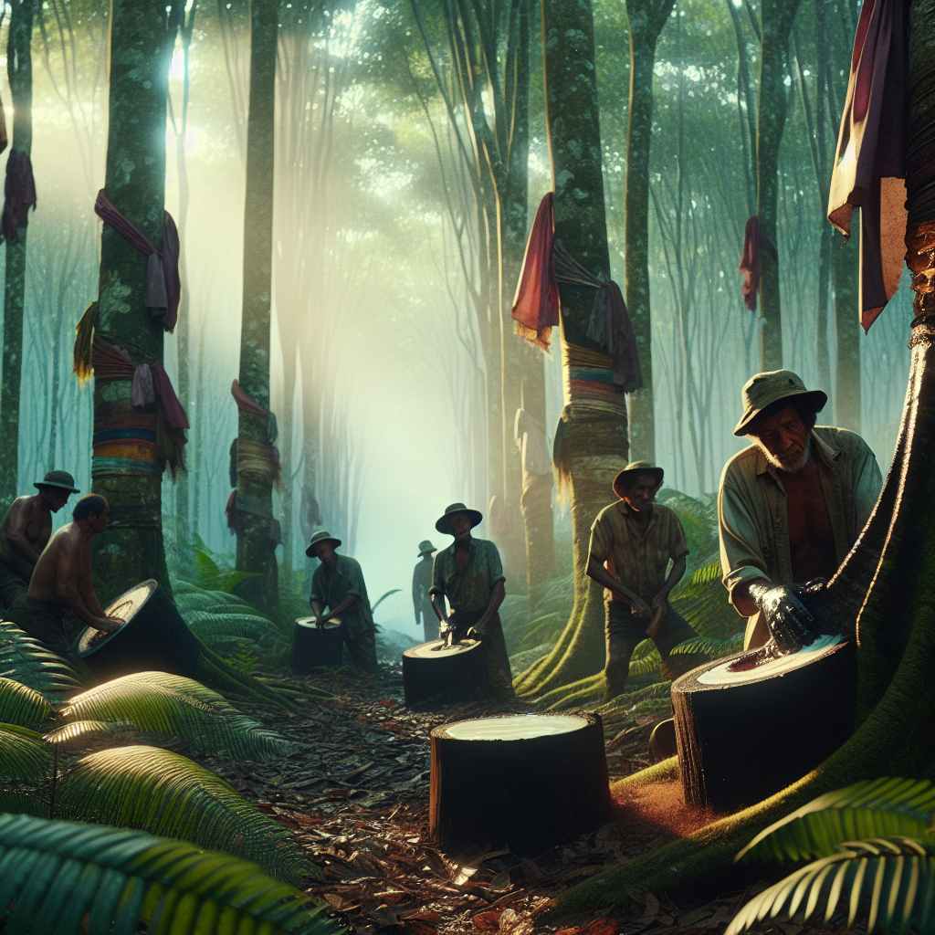 Chico Mendes taps a rubber tree in the Amazon while workers organize to defend the forest and their rights