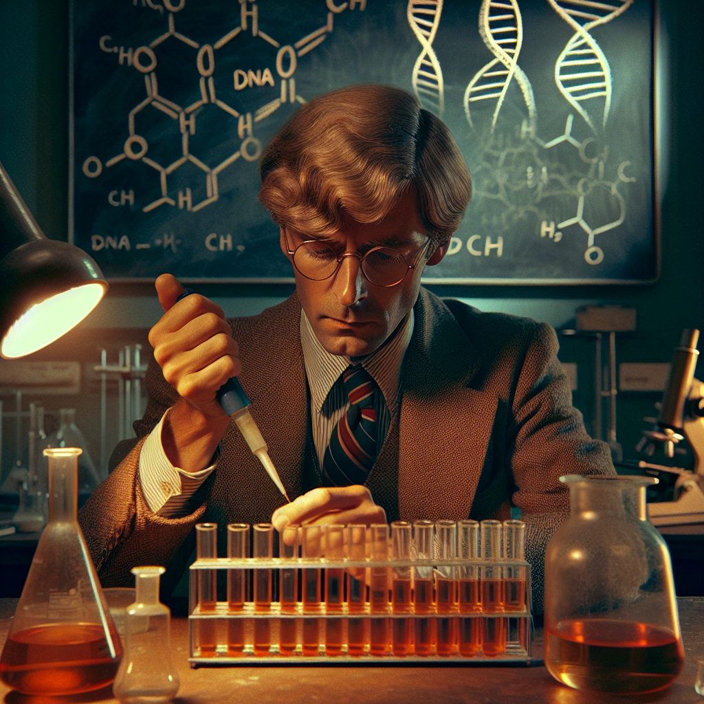 1970s lab scene with Fred Sanger pipetting beside chalk sketches of DNA strands and special stop molecules.