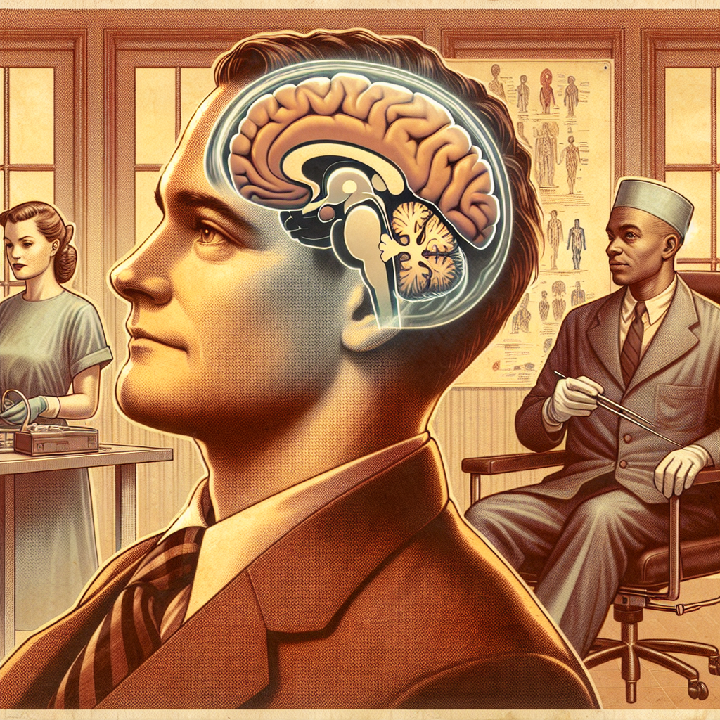 Retro medical illustration of Henry Molaison seated with a highlighted gap in his hippocampus, showing how surgery affected his ability to form new episodic memories.