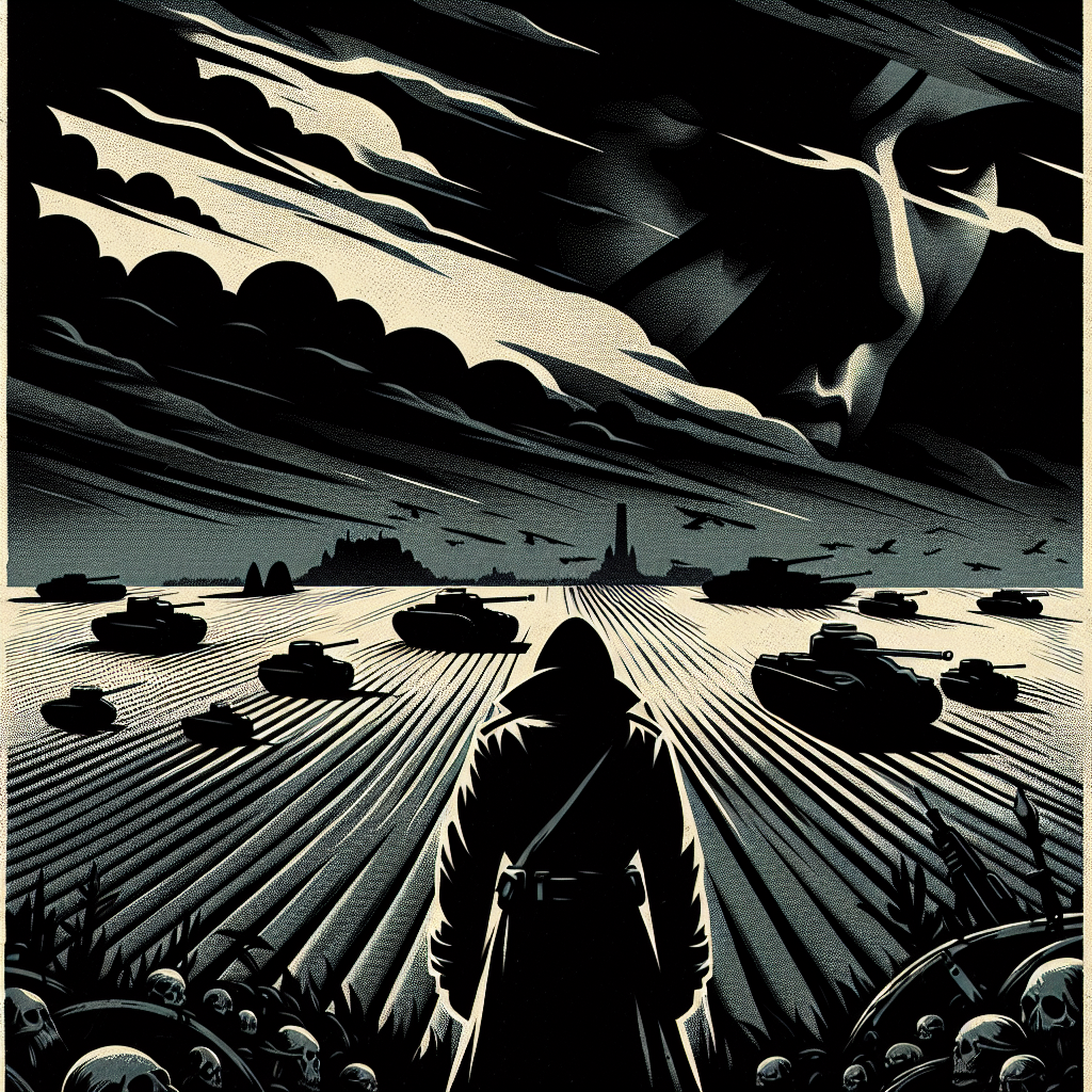 Stark poster silhouette of Hitler looming over farmland filled with tanks and skulls