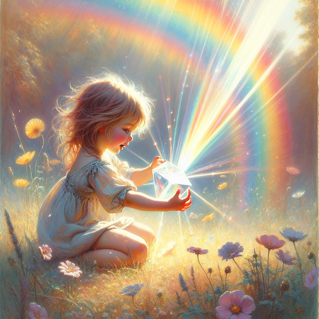 A child uses a prism in a meadow, splitting one beam into a vivid rainbow and revealing hidden colors