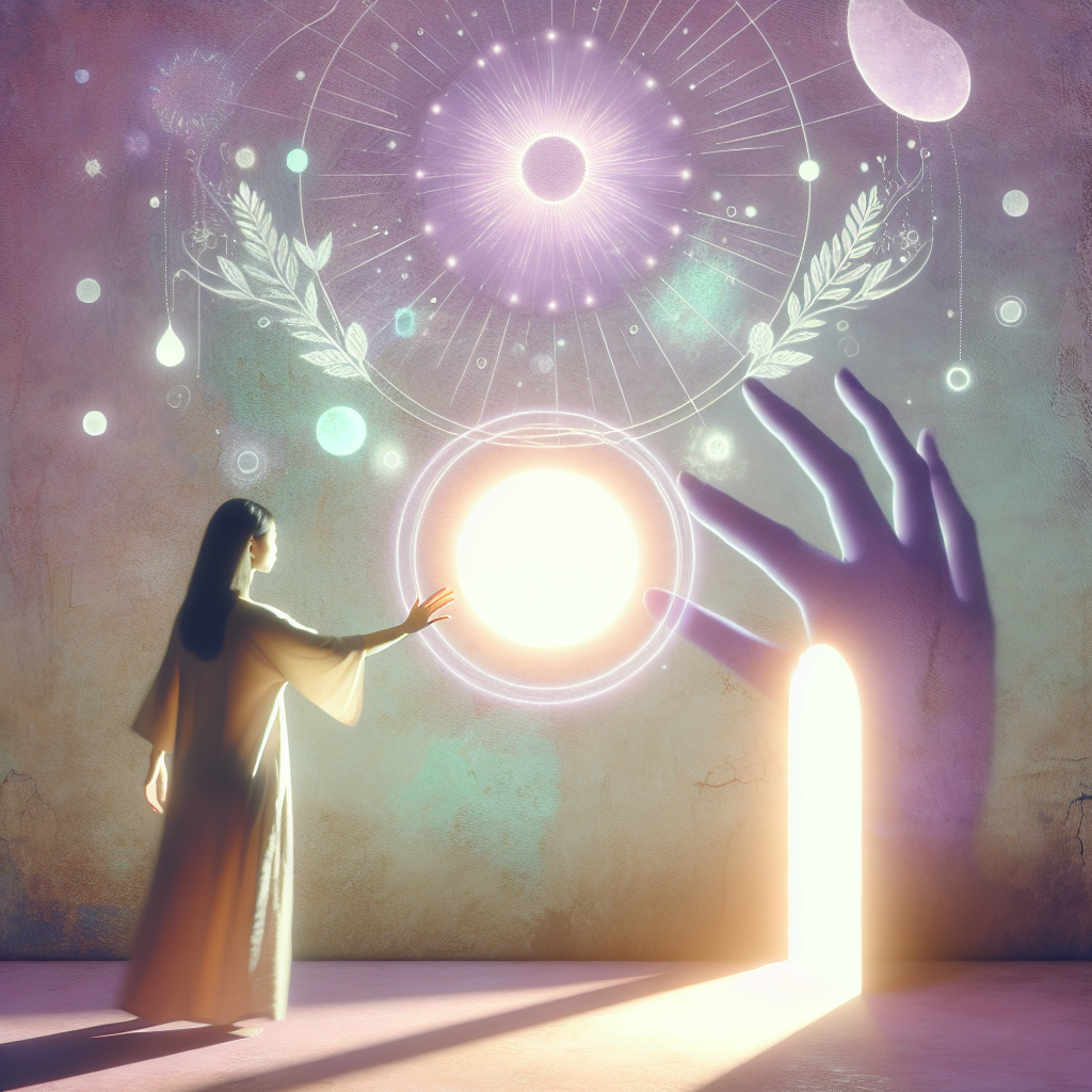Dreamlike image of a person touching a bright portal, representing vision restoration through in vivo eye editing