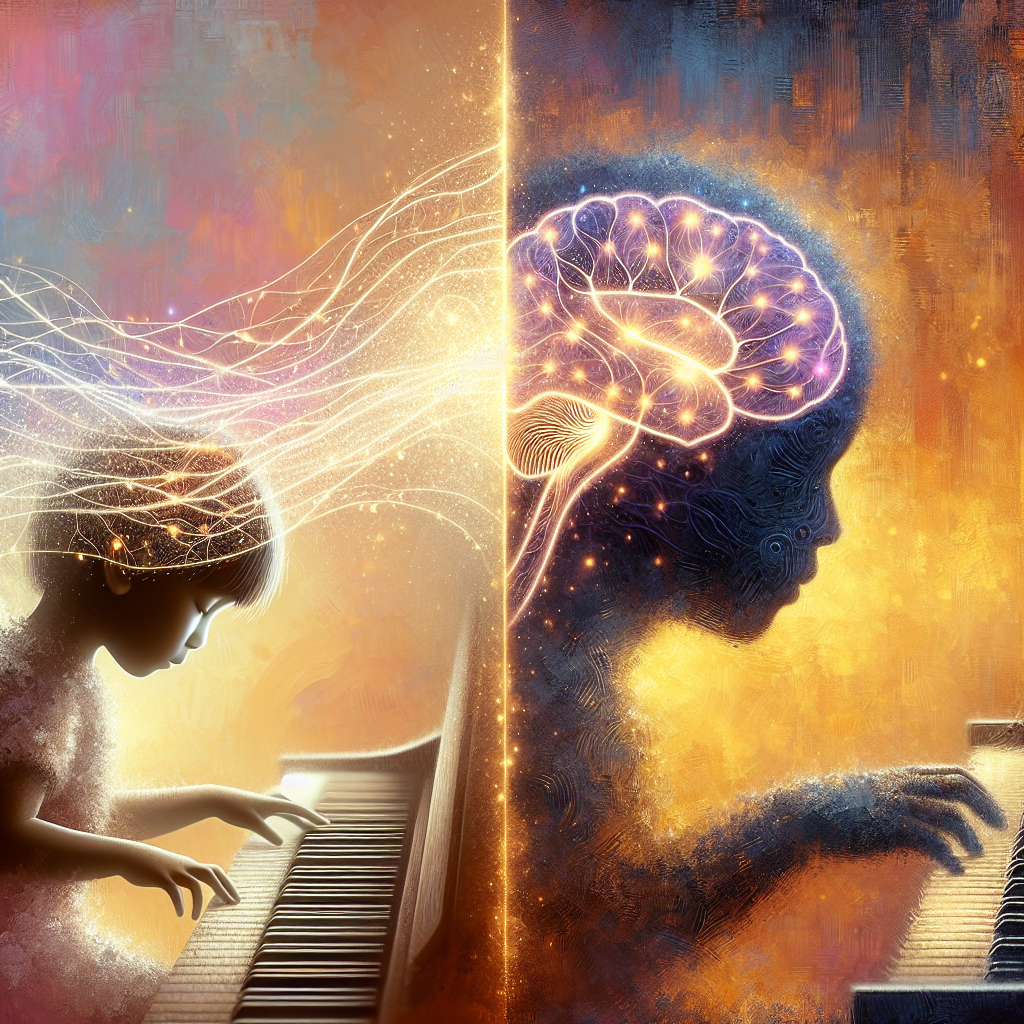 Child and adult both practicing piano while glowing neural routes link fingers to keys, showing lifelong brain plasticity.