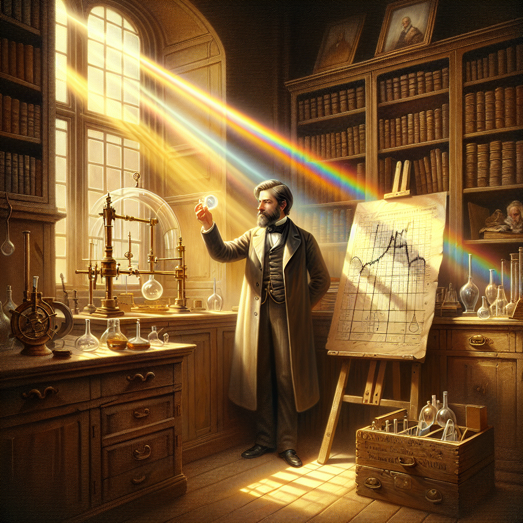 Joseph von Fraunhofer studies a prism while sunlight projects a spectrum onto his notes