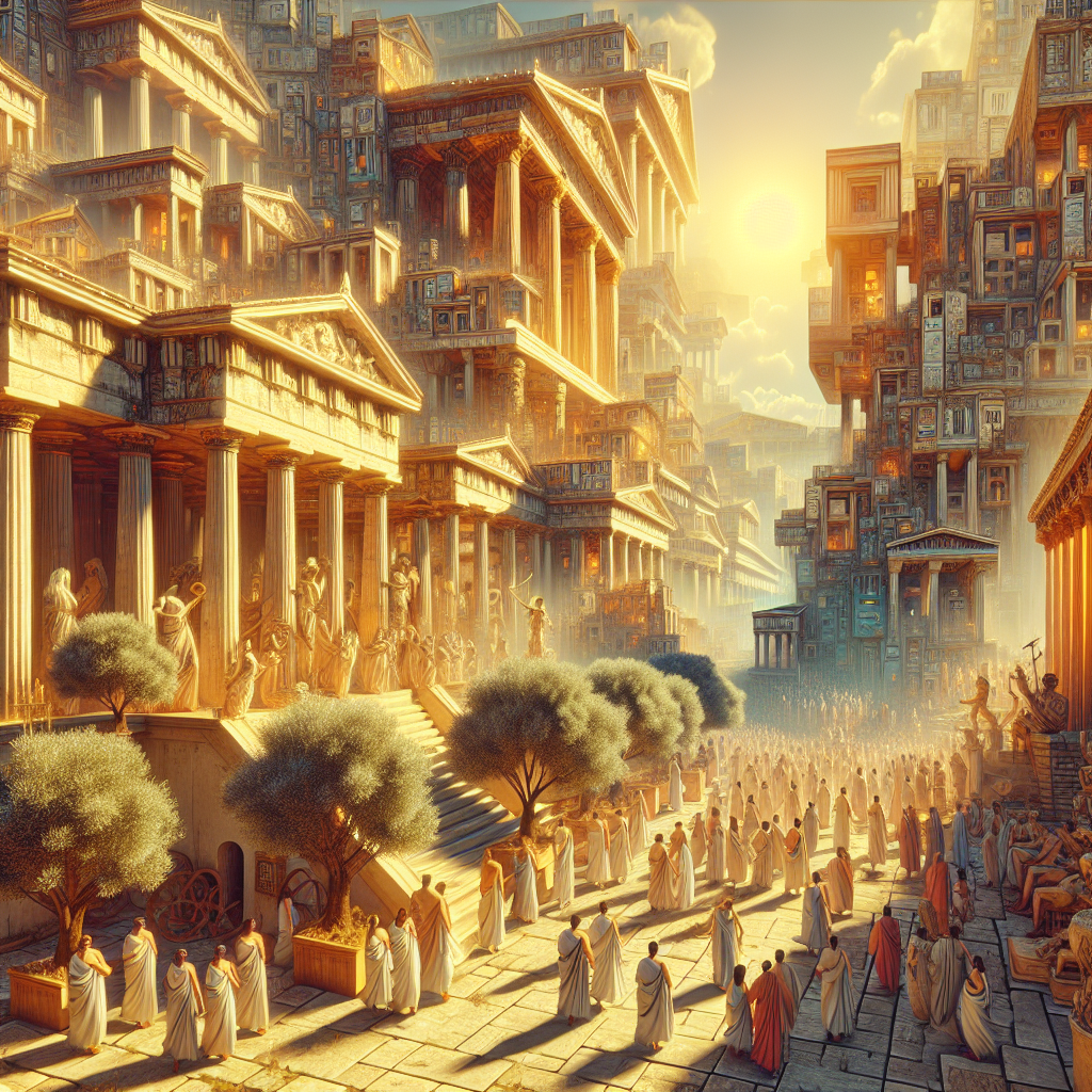 A bright steampunk-inspired Greek setting with lively debates.