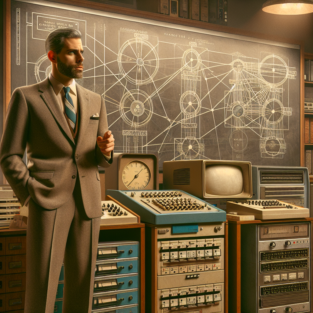 Paul Baran points at a chalkboard filled with node sketches, underlining routes a packet might choose.