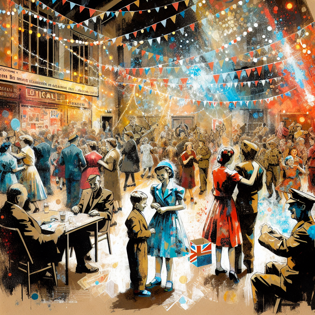 Community hall dance with families in 1940s attire under string lights, celebrating togetherness during wartime