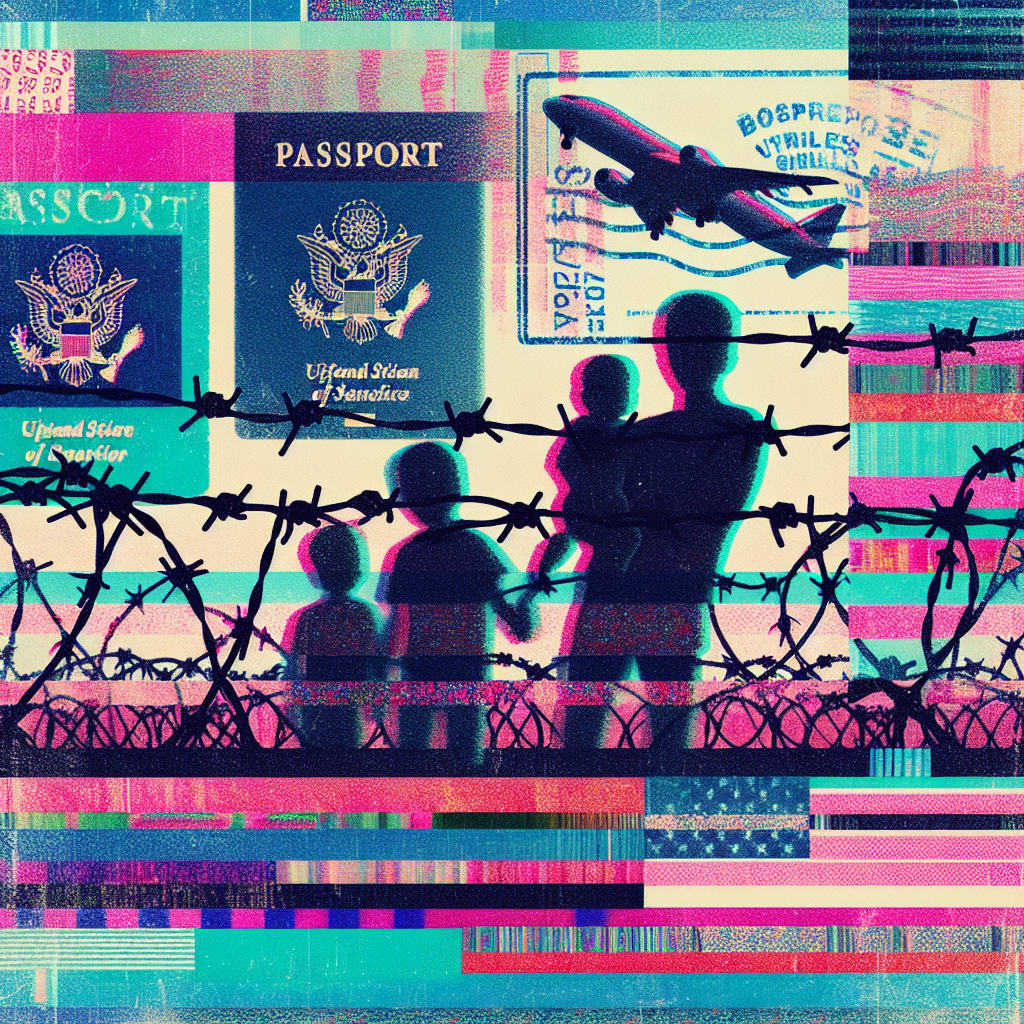 Layered collage of passport stamps, barbed wire, and a worried family silhouette.