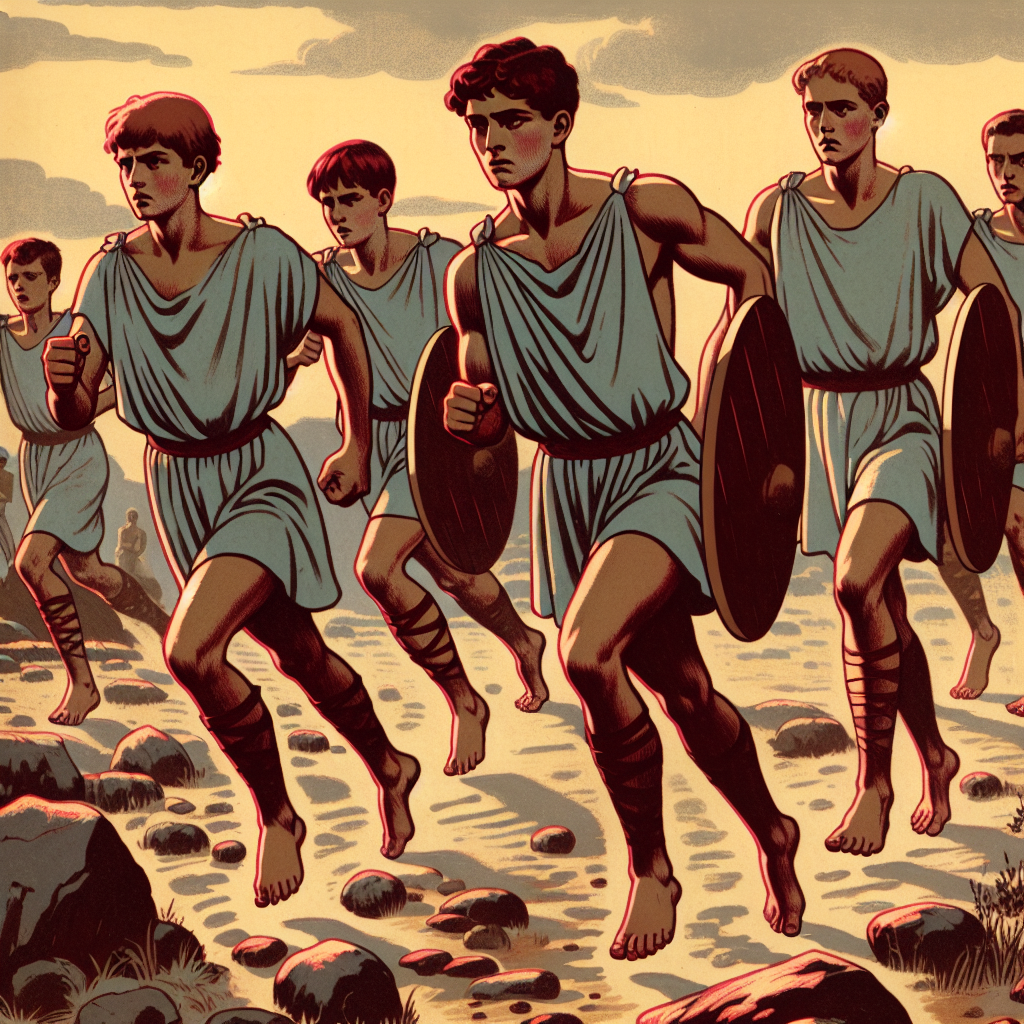 Spartan boys run over rocky ground at dawn, wooden shields in hand, training for war.