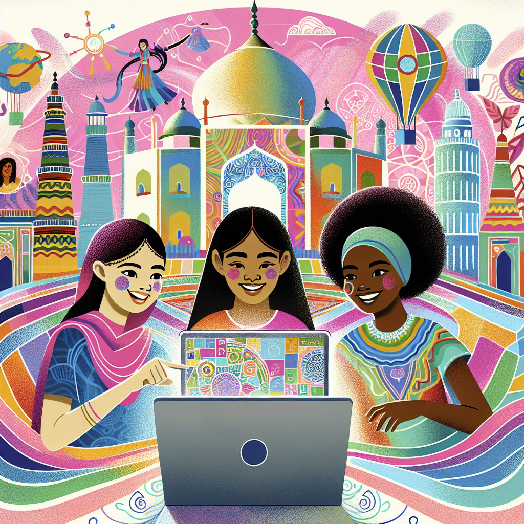 Girls from three countries gather around a laptop that displays multi-language lessons, protected by friendly virtual shields.