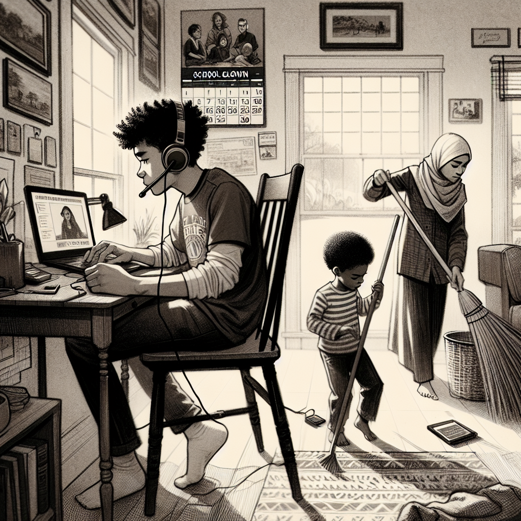 Brother attends an online class as his sister sweeps and cares for a sibling beneath a “School Closed” calendar.
