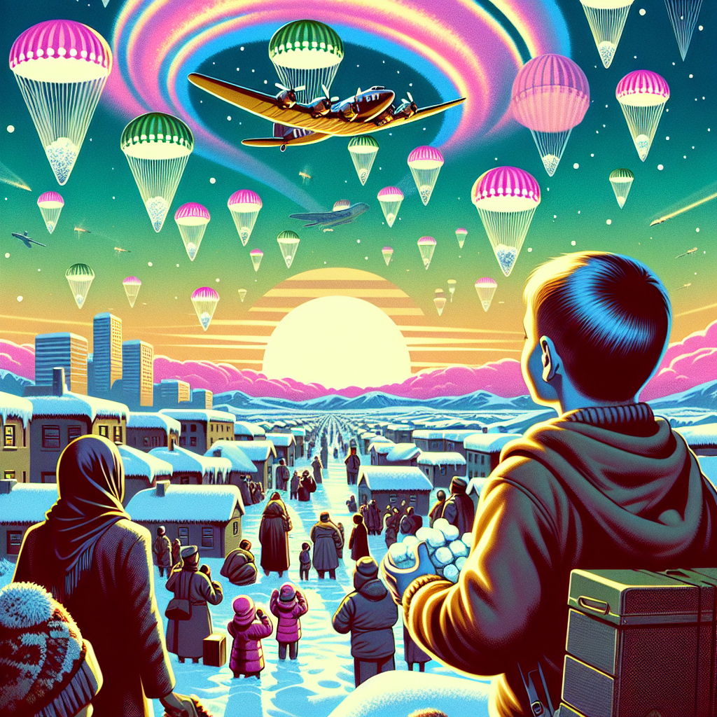 Cargo planes loop across a pastel dawn, dropping coal and chocolate to waiting Berliners.