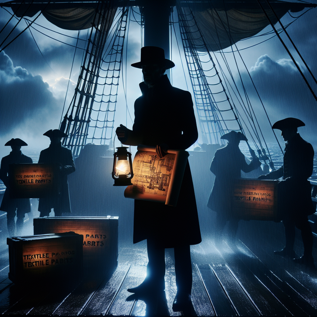 Samuel Slater boarding a ship at dusk clutching memorized blueprints, crew loading crates marked "Textile Parts."