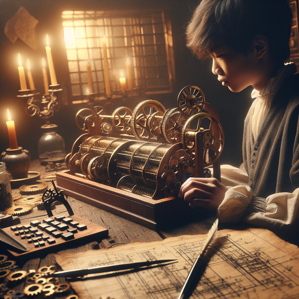 Seventeenth-century study—candlelit desk where a teenager tests a wooden calculator with brass gears.