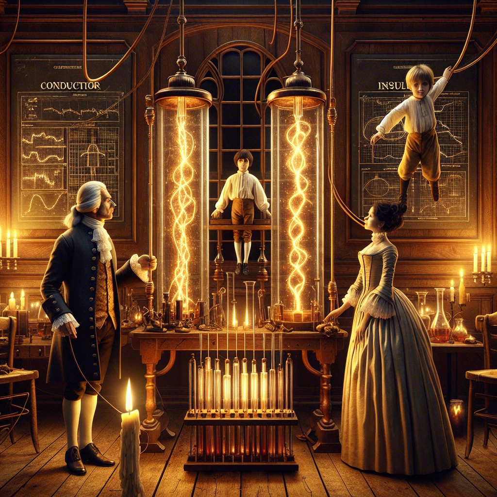 Candle-lit colonial lab with glass tubes glowing and a boy suspended by silk, demonstrating early conductor and insulator studies.