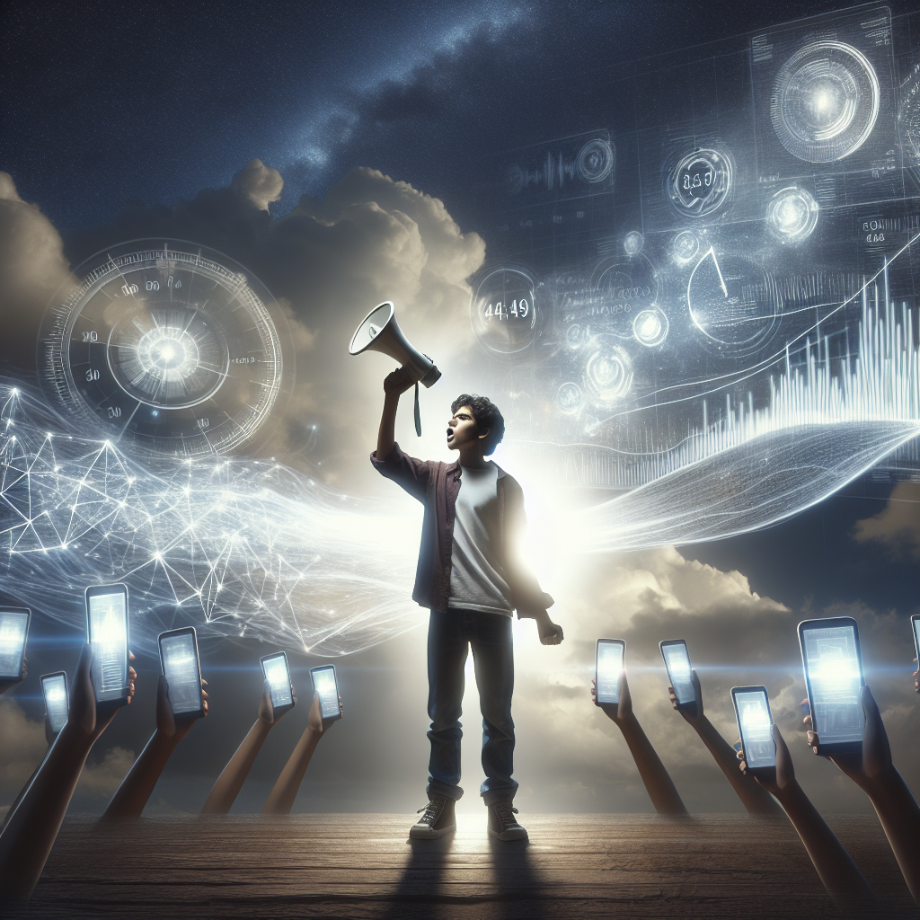 Teenage activist on a rooftop speaks into a megaphone while data visualizations swirl above, highlighting urgency.