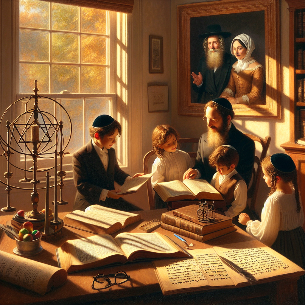 A Jewish family studies scripture and science together, echoing the Haskalah’s call to balance faith and modern knowledge.