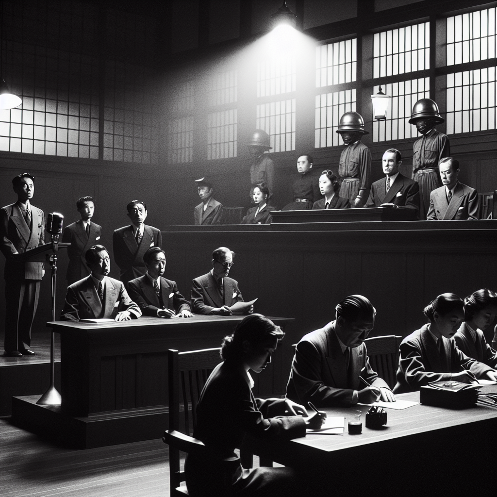Japanese leaders stand trial under film-noir lighting, one empty chair symbolizing the emperor’s absence.