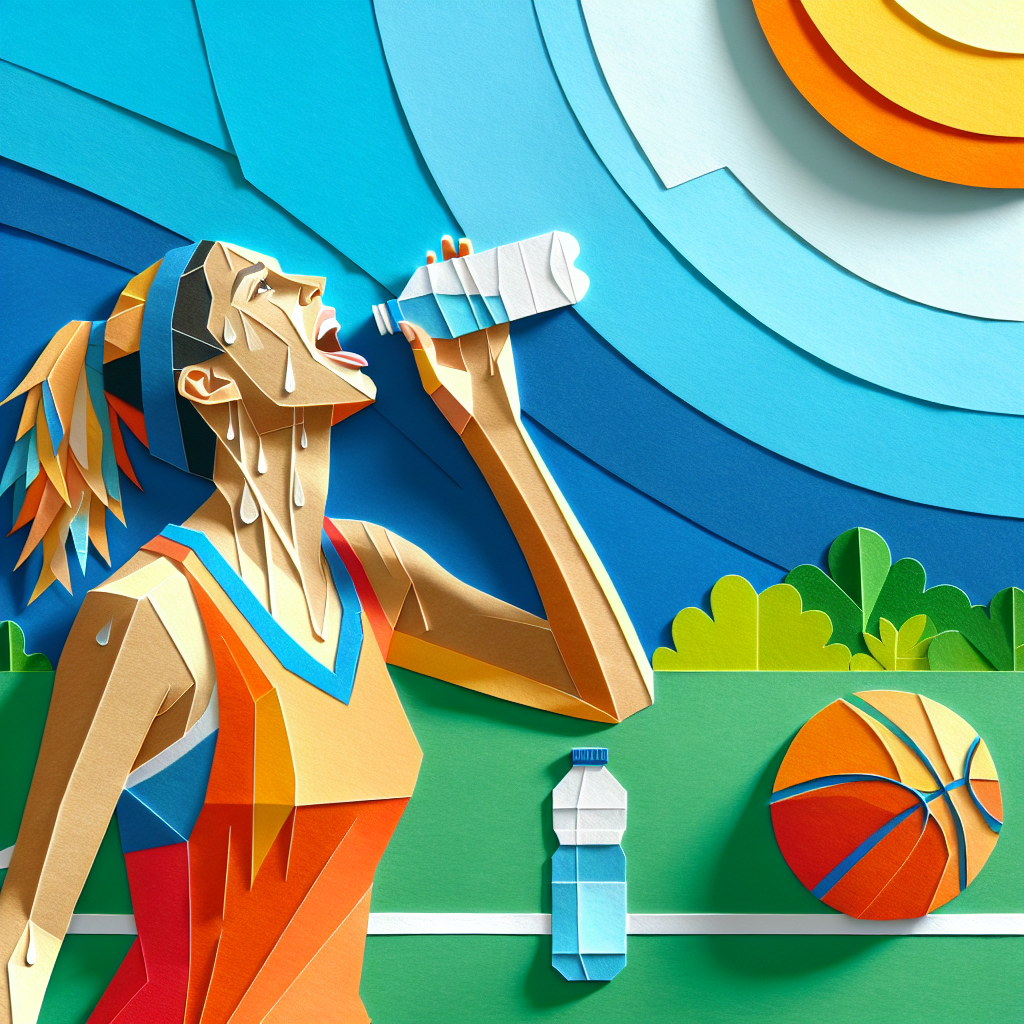 Colorful paper collage of a sweating basketball player reaching for water on a hot court, showing thirst signals.
