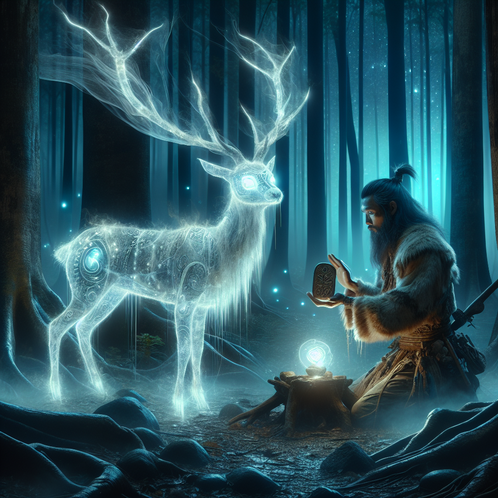 A hunter kneels before a glowing deer spirit in a moonlit forest, illustrating respect for animal spirits