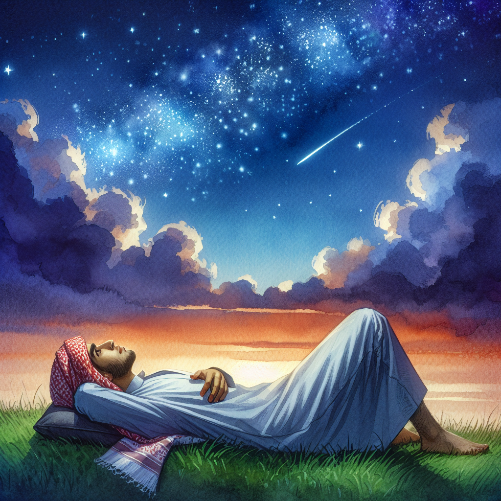 A person reclines on a grassy hill at twilight, gazing at a star-strewn sky that fades from warm gold to deep indigo, suggesting calm wonder.