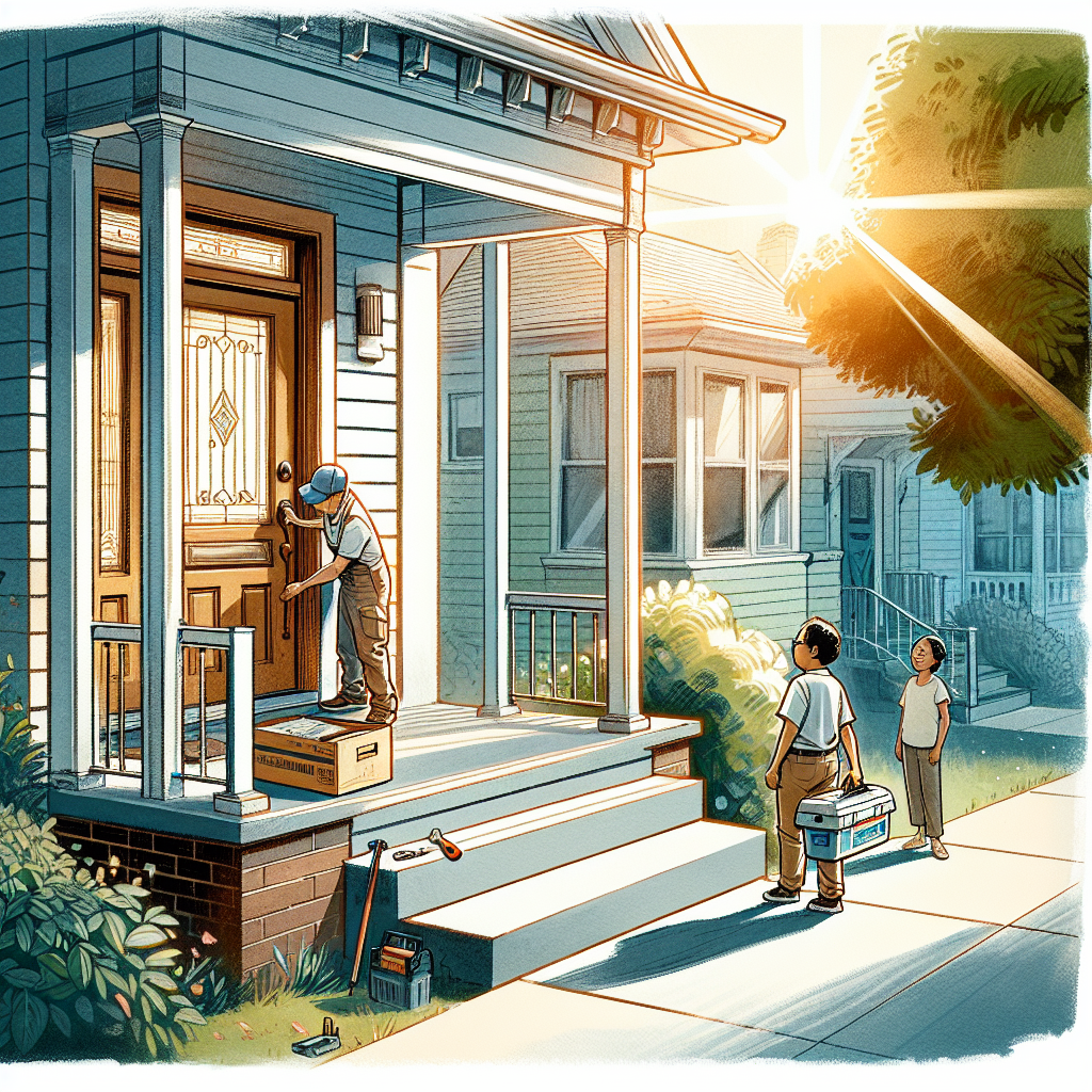 Person installing a raised doorstep to stop floodwater while a child assists, highlighting DIY home safety.