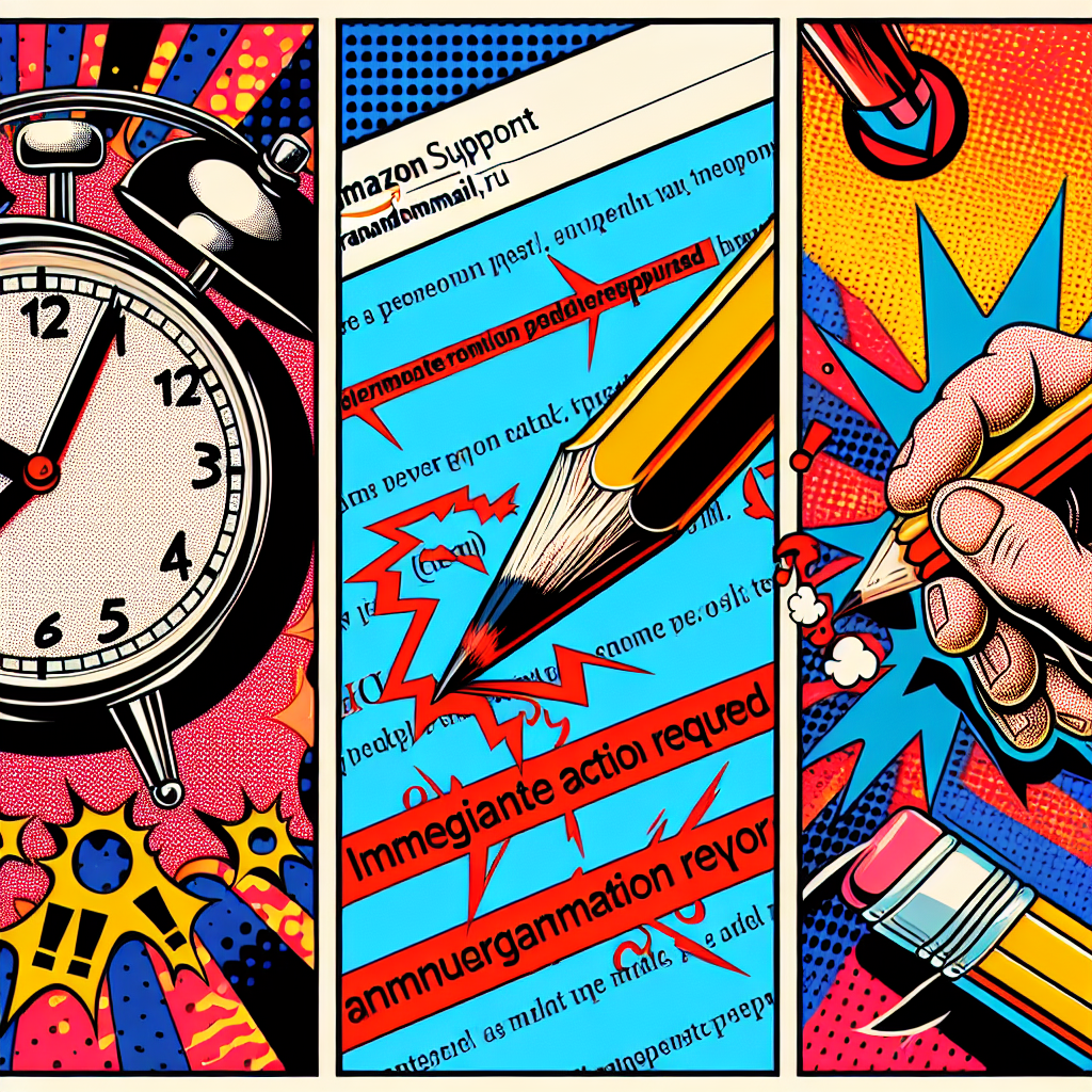 Comic-style panels show a ticking clock, a fake sender address, and red-underlined grammar errors—classic red flags.