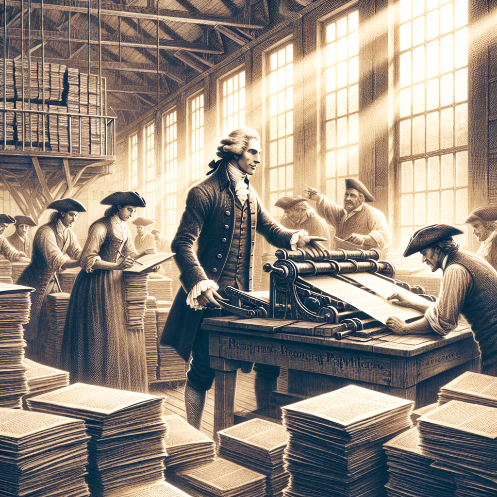 Thomas Paine dictating "Common Sense" in a busy colonial printing shop, showing the urgency of revolutionary ideas spreading in print.