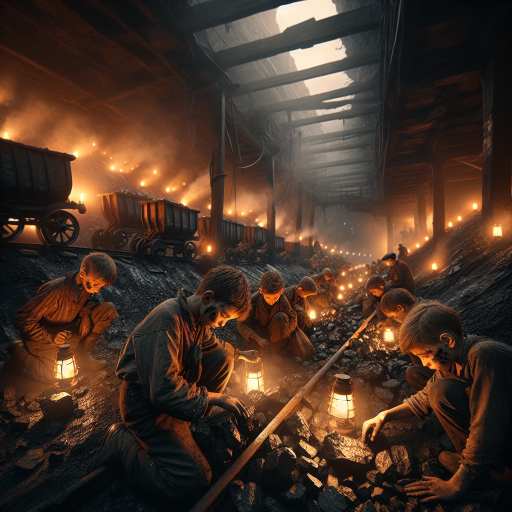 Young breaker boys crouch in a dim coal tunnel, sorting coal under a single lantern as rail carts fade into darkness.