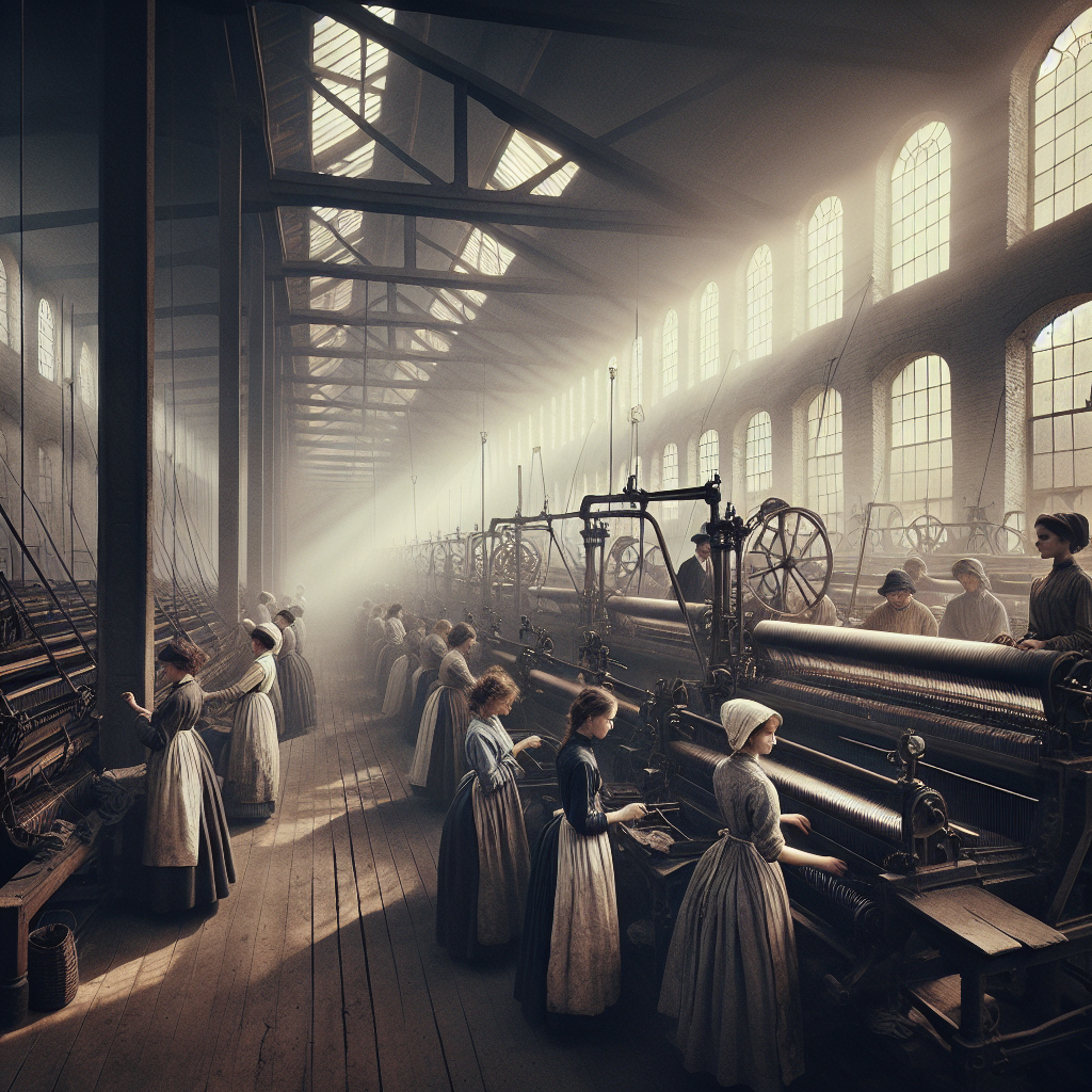 Young women operate steam-powered looms in a smoky 19th-century cotton mill, highlighting the danger and energy of early industrial labor.