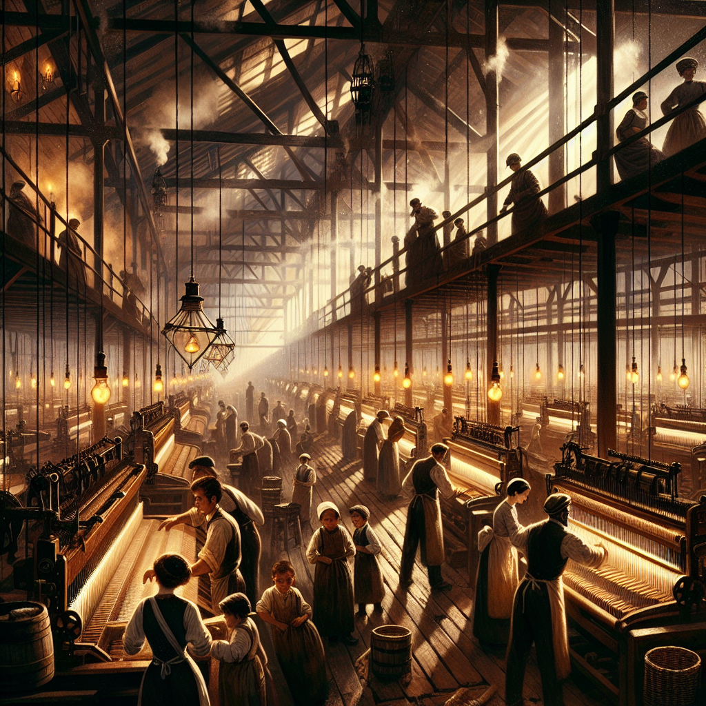 Bustling textile mill with steam-powered looms, adult and child workers bent over machines—revealing harsh industrial labor