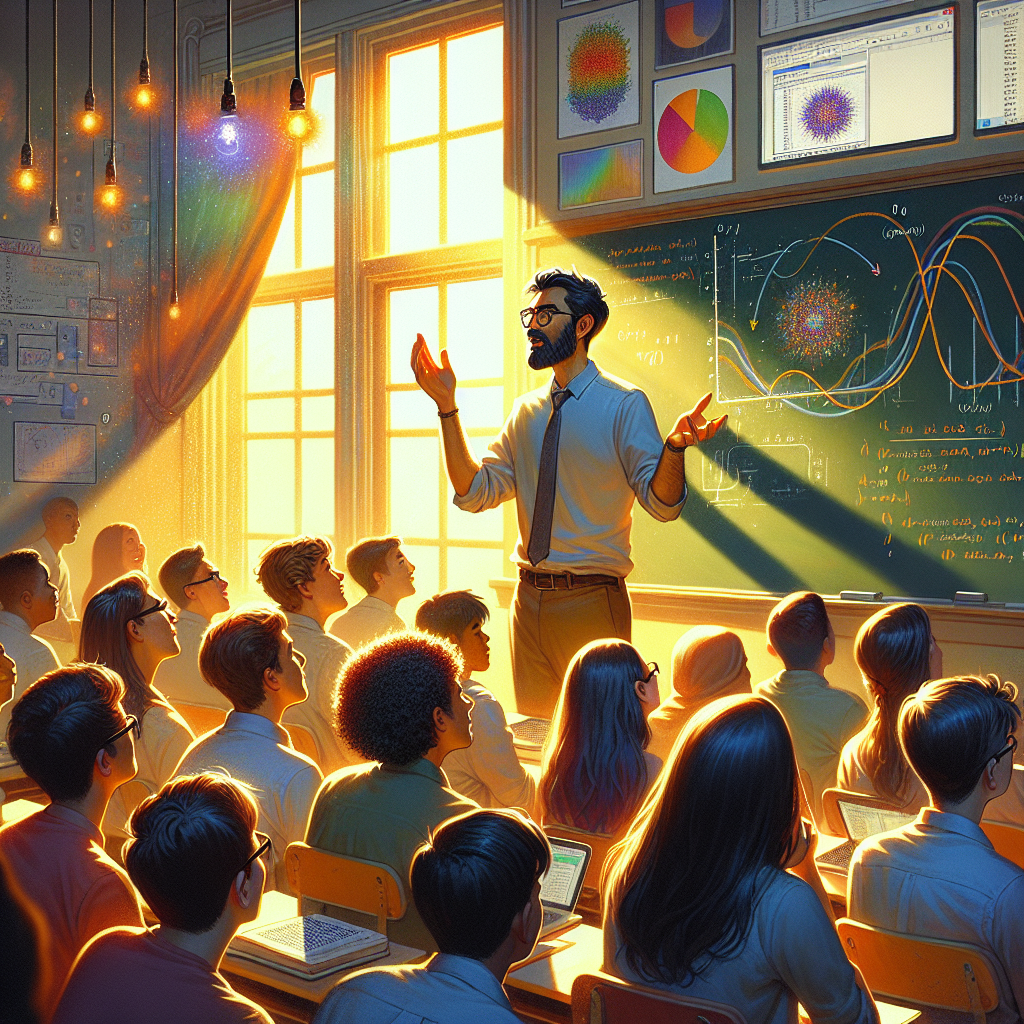 Teacher explains data trends on a chalkboard styled like a Jupyter notebook, with charts and curious students