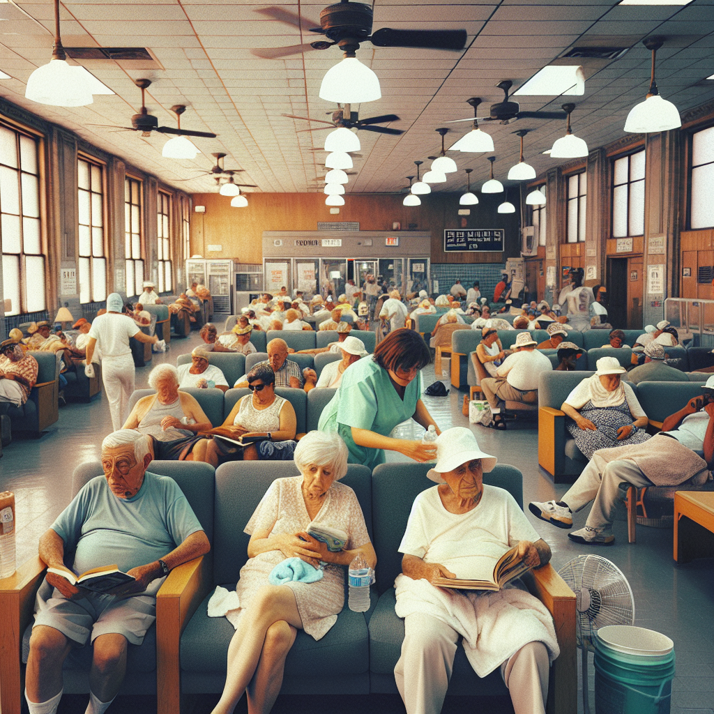 Interior of a library transformed into a cooling center where people rest in air-conditioned comfort.