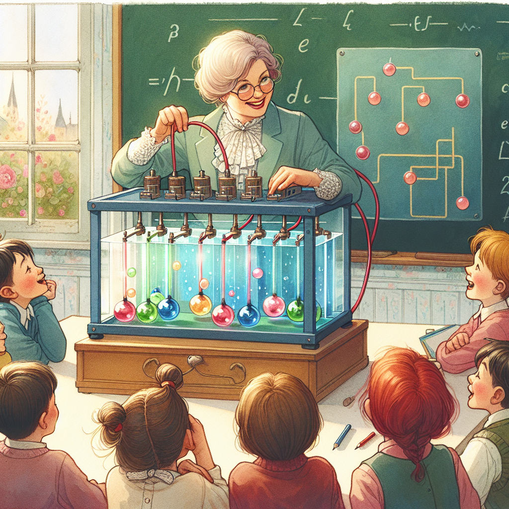 Teacher shows kids a clear battery model with colorful beads rolling inside like ions, glowing wires trace electron paths