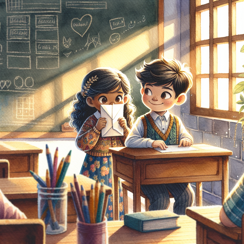 Two children pass a folded note under a classroom desk, illustrating how secrecy starts early in life.