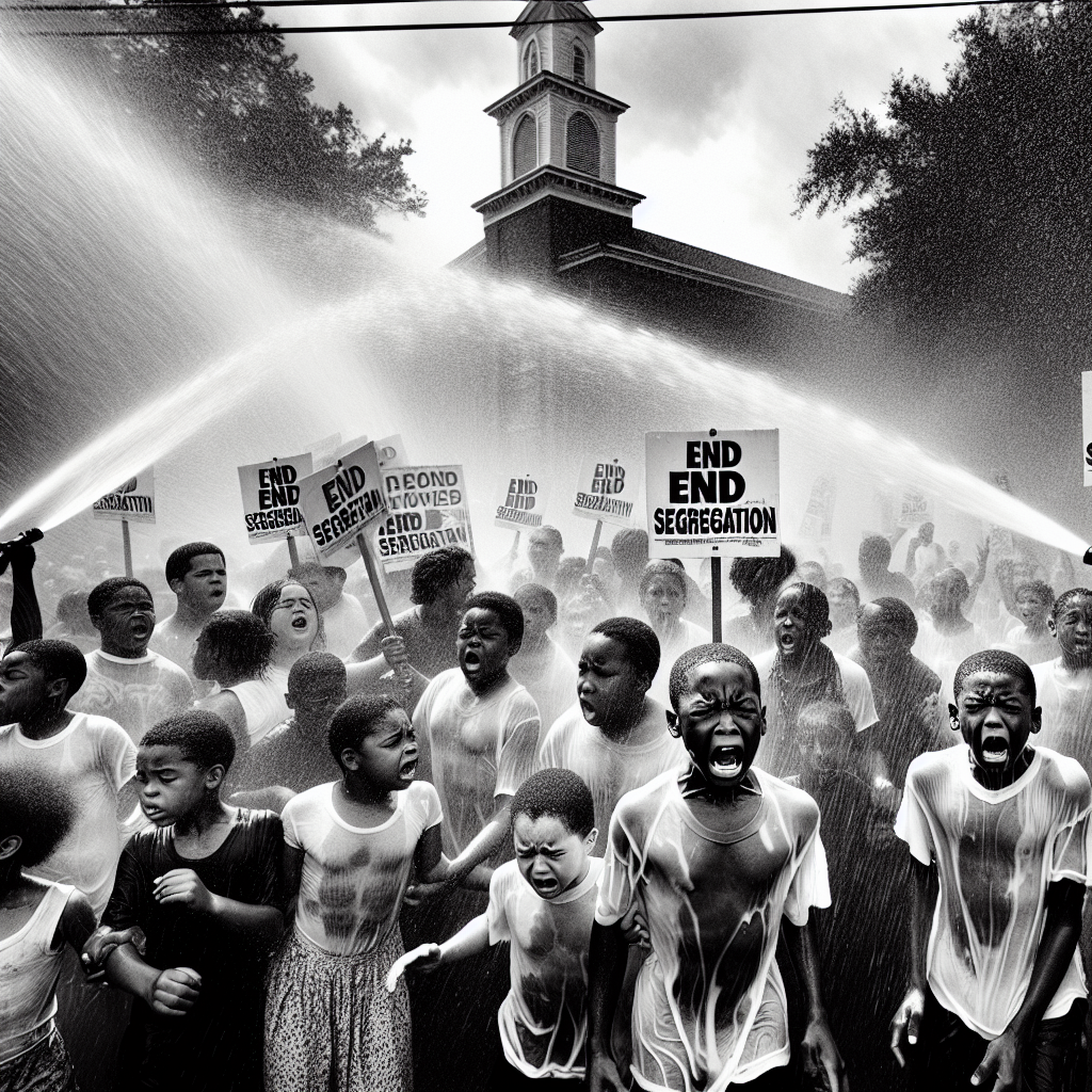 Children marching for civil rights face powerful water hoses, underscoring the movement’s courage and the brutality it met.
