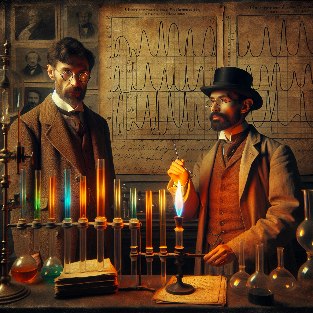 Kirchhoff and Bunsen observe colored emission lines from a flame in an 1860s laboratory