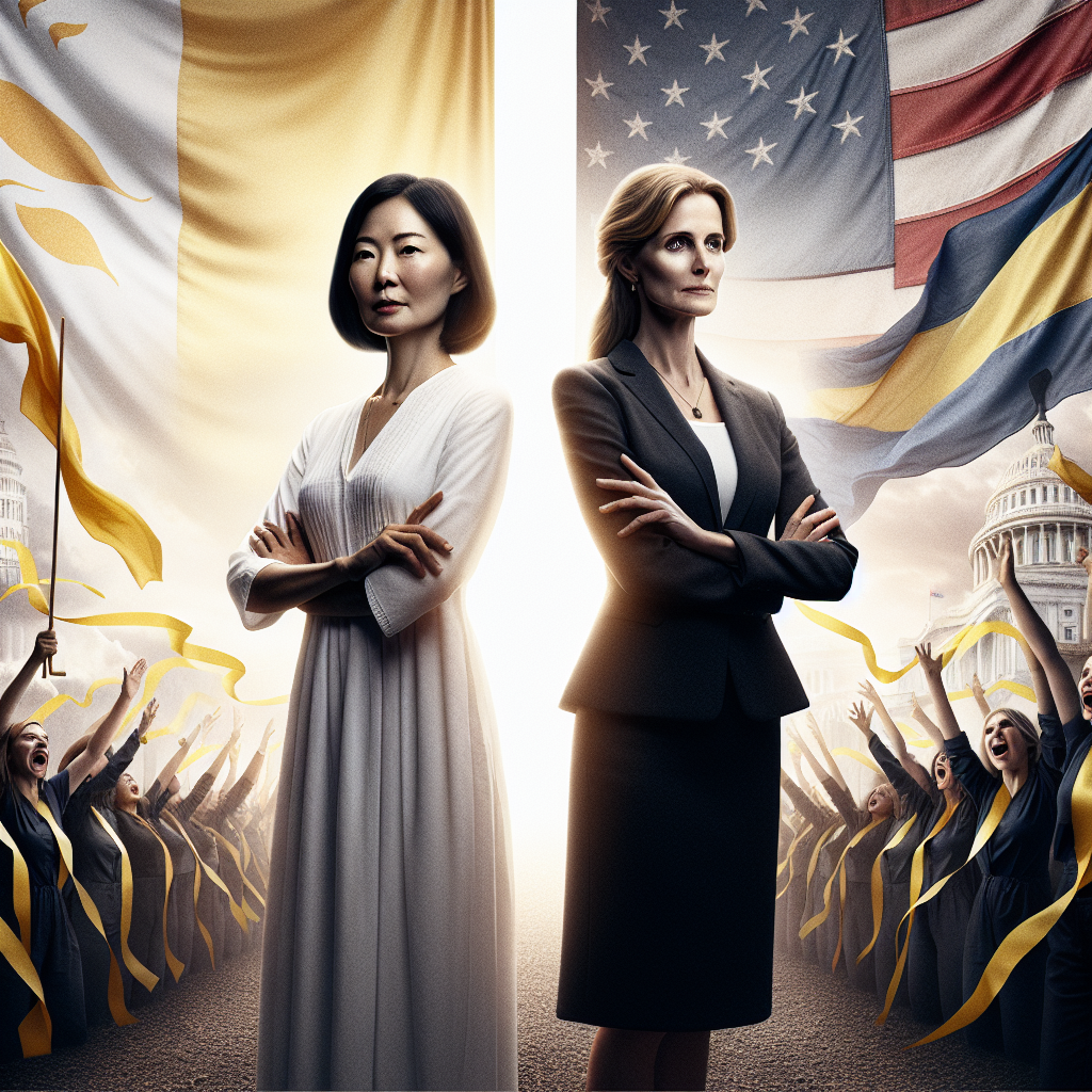 Corazon Aquino with yellow-ribbon protestors beside Angela Merkel before the German Parliament