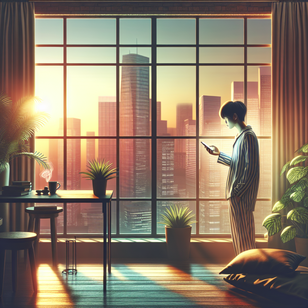 Person in striped pajamas checks morning weather on smartphone while sunrise bathes a city skyline, illustrating everyday future planning.