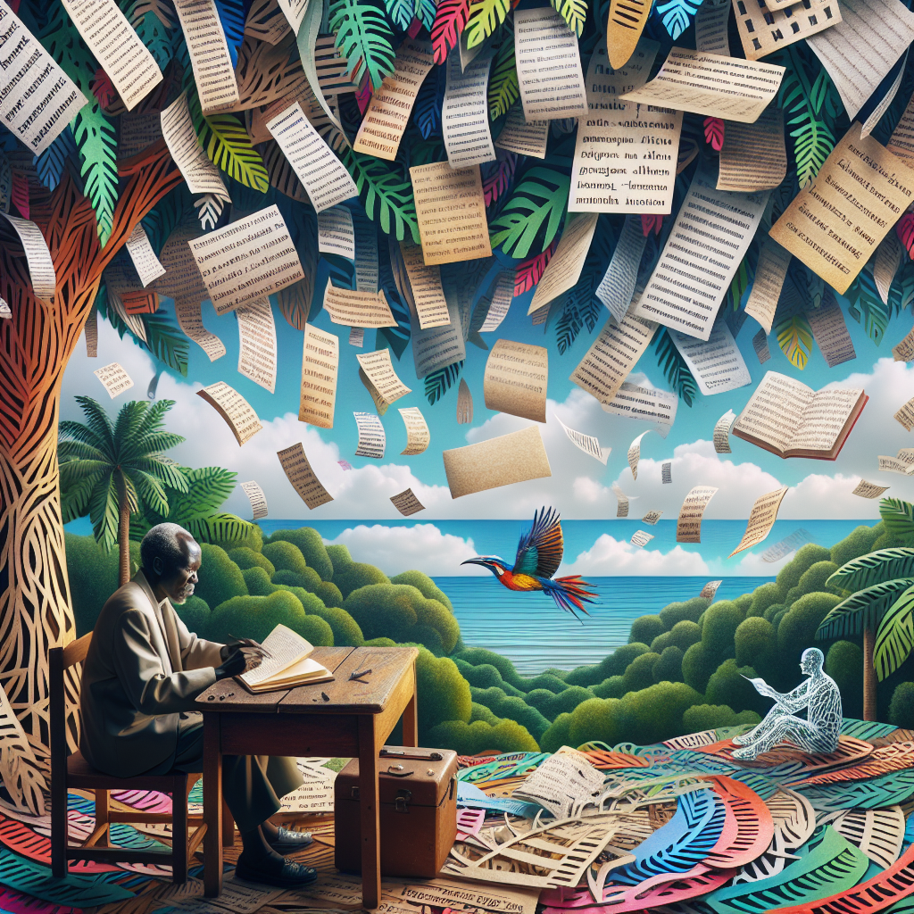 Ngũgĩ wa Thiong’o writes in Gikuyu beneath a mango tree while translators reshape words, portraying the politics of language choice.