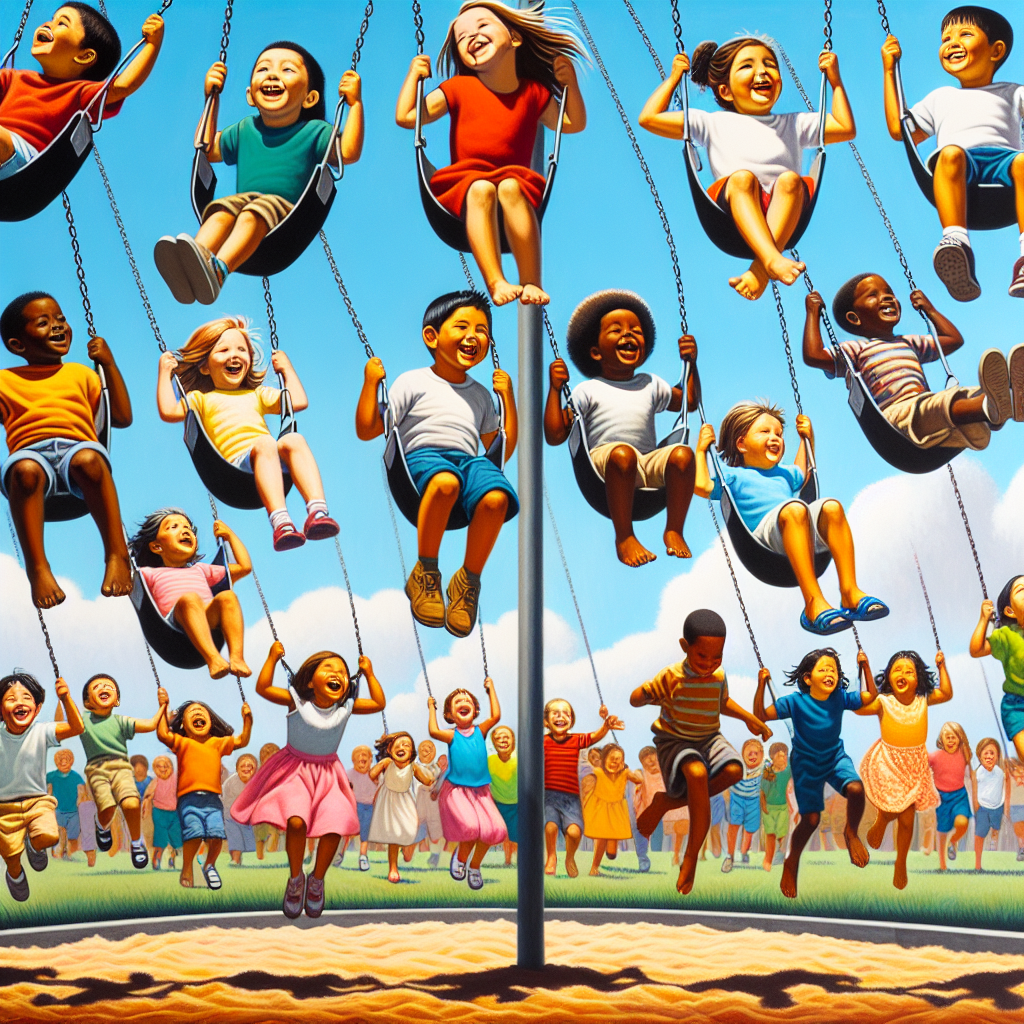 Children swinging under a blue sky, showing gravity at play